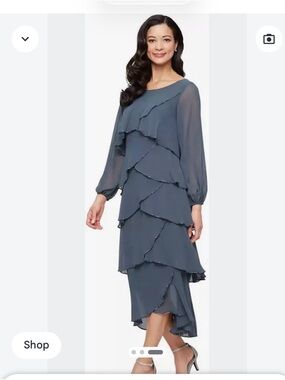 SLNY Slate Blue Layered Chiffon High-Low Dress